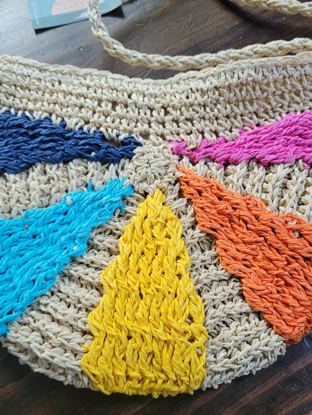 Uncharted Threads Tan Pink Blue  Rainbow Paper Straw-look Woven Crossbody Bag - Picture 2 of 12
